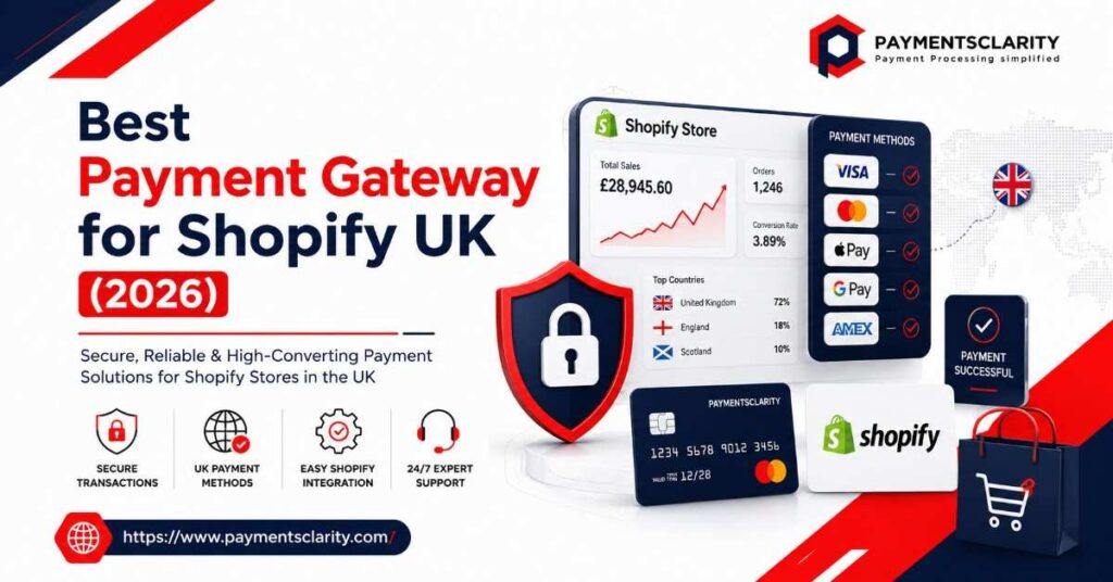 PaymentsClarity promotional banner highlighting the best payment gateway for Shopify stores in the UK for 2026, featuring sales metrics, credit card icons, and a secure lock graphic.