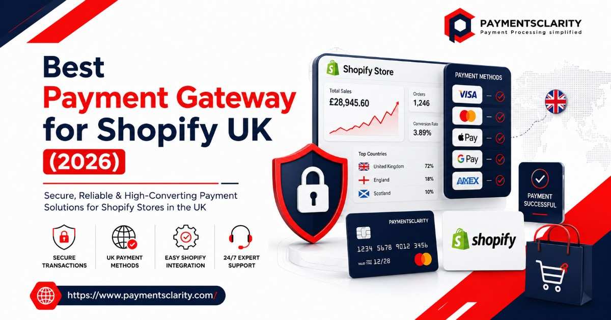PaymentsClarity promotional banner highlighting the best payment gateway for Shopify stores in the UK for 2026, featuring sales metrics, credit card icons, and a secure lock graphic.